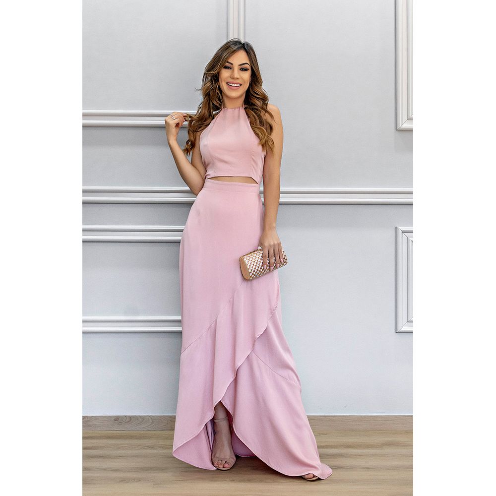 vestido longo simples rose