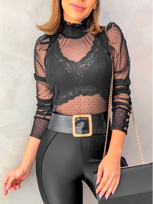 Blusa Tule Manga Longa Poliana Preto Estacao Store