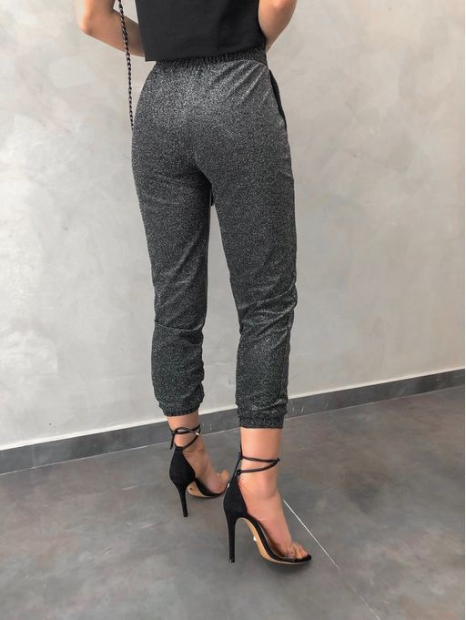 calça brilhante cintura alta