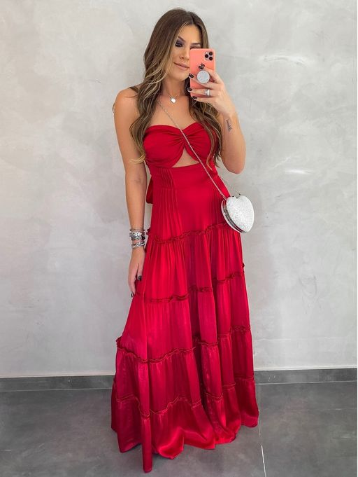 vestido vermelho estampado longo