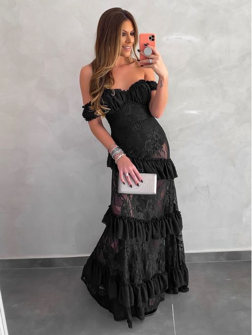 vestido longo renda preto
