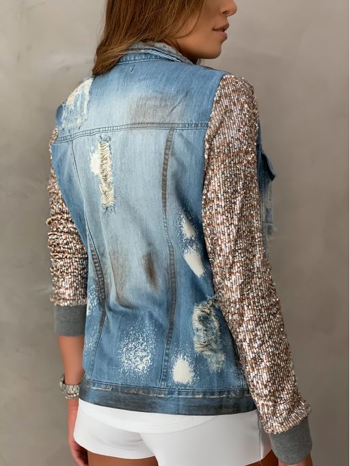 jaqueta jeans com manga de tule