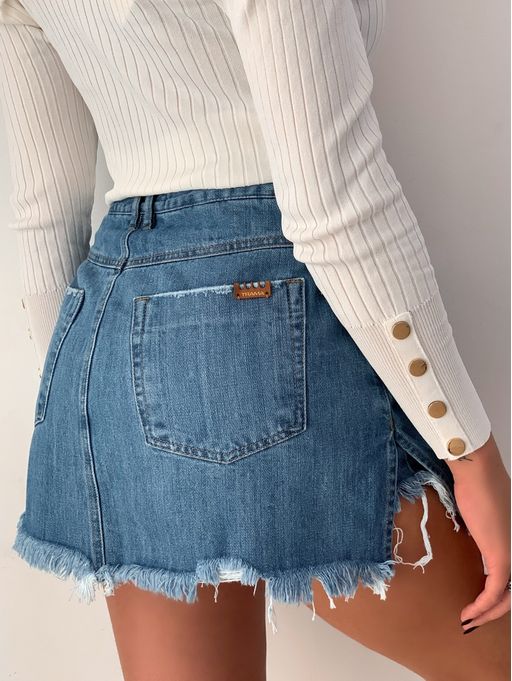 short saia jeans cintura alta